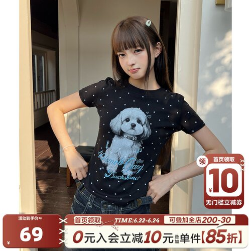 404MOB美式满印波点印花小狗短袖T恤女款显瘦弹力短款辣妹上衣夏
