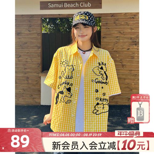 404MOB立体毛巾绣可爱小猫夏季短袖格子衬衫女休闲百搭宽松潮牌t