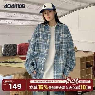 宽松百搭衬衣 男洗水蓝刺绣做旧美式 404MOB仿扎染复古格子长袖 衬衫