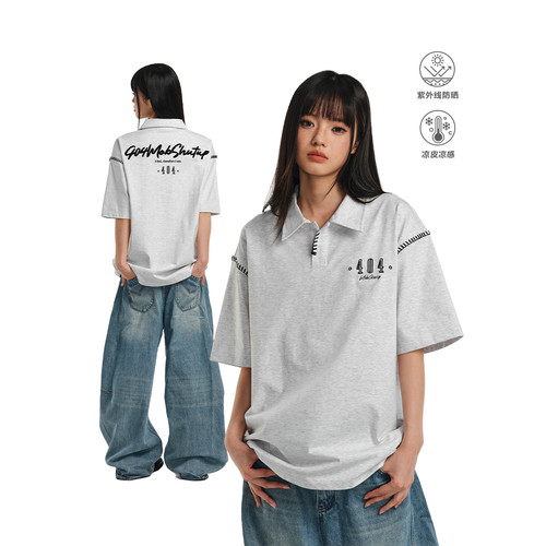 404MOB明线设计感POLO衫男夏季重工刺绣防晒凉感宽松短袖T恤上衣