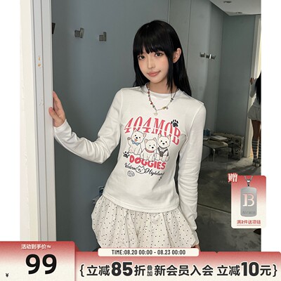 404MOB可爱小狗印花正肩修身长袖T恤女美式辣妹圆领百搭打底上衣