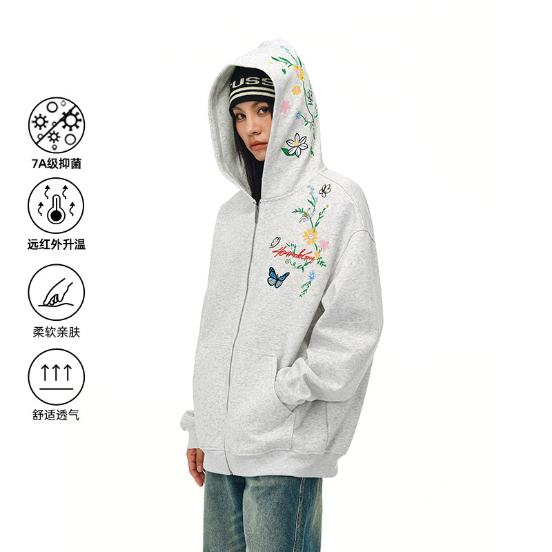 [杨超越余景天同款]404MOB花卉刺绣拉链卫衣男宽松情侣开衫外套女