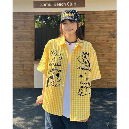 404MOB立体毛巾绣可爱小猫夏季短袖格子衬衫女休闲百搭宽松潮牌t