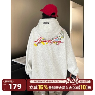 情侣 重磅宽松上衣帽衫 404MOB复古花卉字母刺绣连帽卫衣男美式 个性