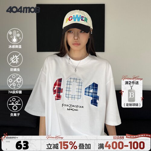 404MOB格子贴布刺绣圆领短袖T恤