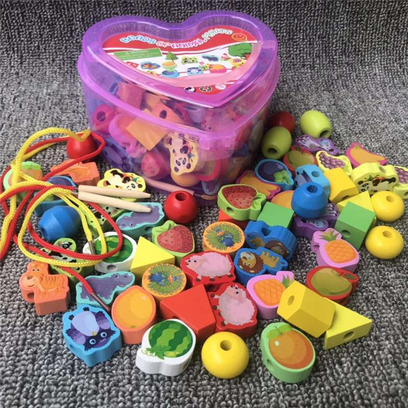 爱心盒串珠木质早教婴幼儿手眼协调玩具串珠水果动物穿线串珠子