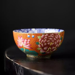 珐琅彩青花瓷主人杯个人单杯品茗杯陶H瓷万花杯复古茶具茶盏碗杯