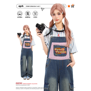 宽松阔腿连体裤 女工装 男 显瘦小个子贴布刺绣多口袋牛仔背带裤 美式