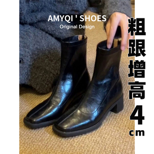 巨好看复古粗跟黑色弹力短靴女款2025秋冬新款小个子高跟瘦瘦靴子