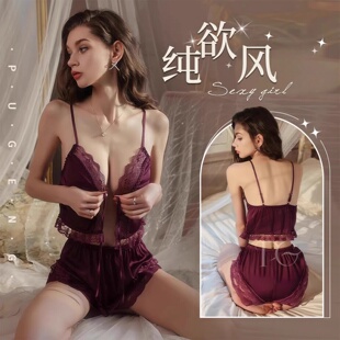 情趣家居睡衣套装趣味吊带修身两件深V系带性感漏背蕾丝短裤情侣
