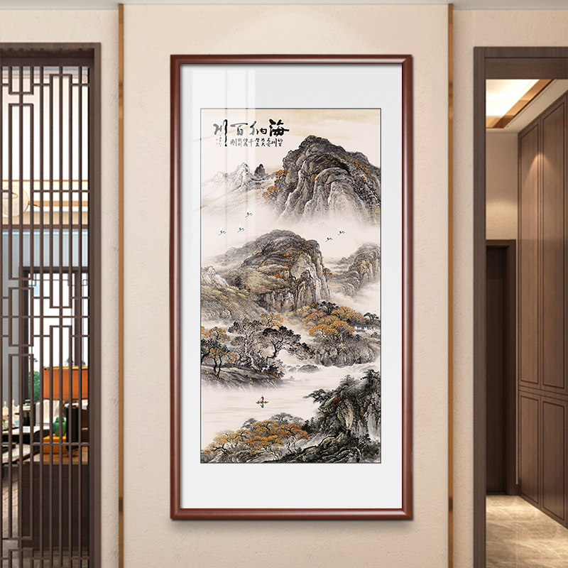 迎客松国画入户玄关画新中式客厅装饰画竖版山水画走廊挂画实木框