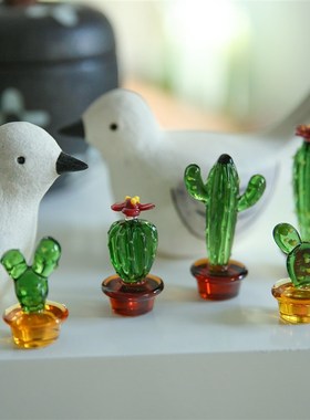 七隐 手工琉璃摆件车载小摆件玻璃花桌面装饰物小雏菊仙人掌花