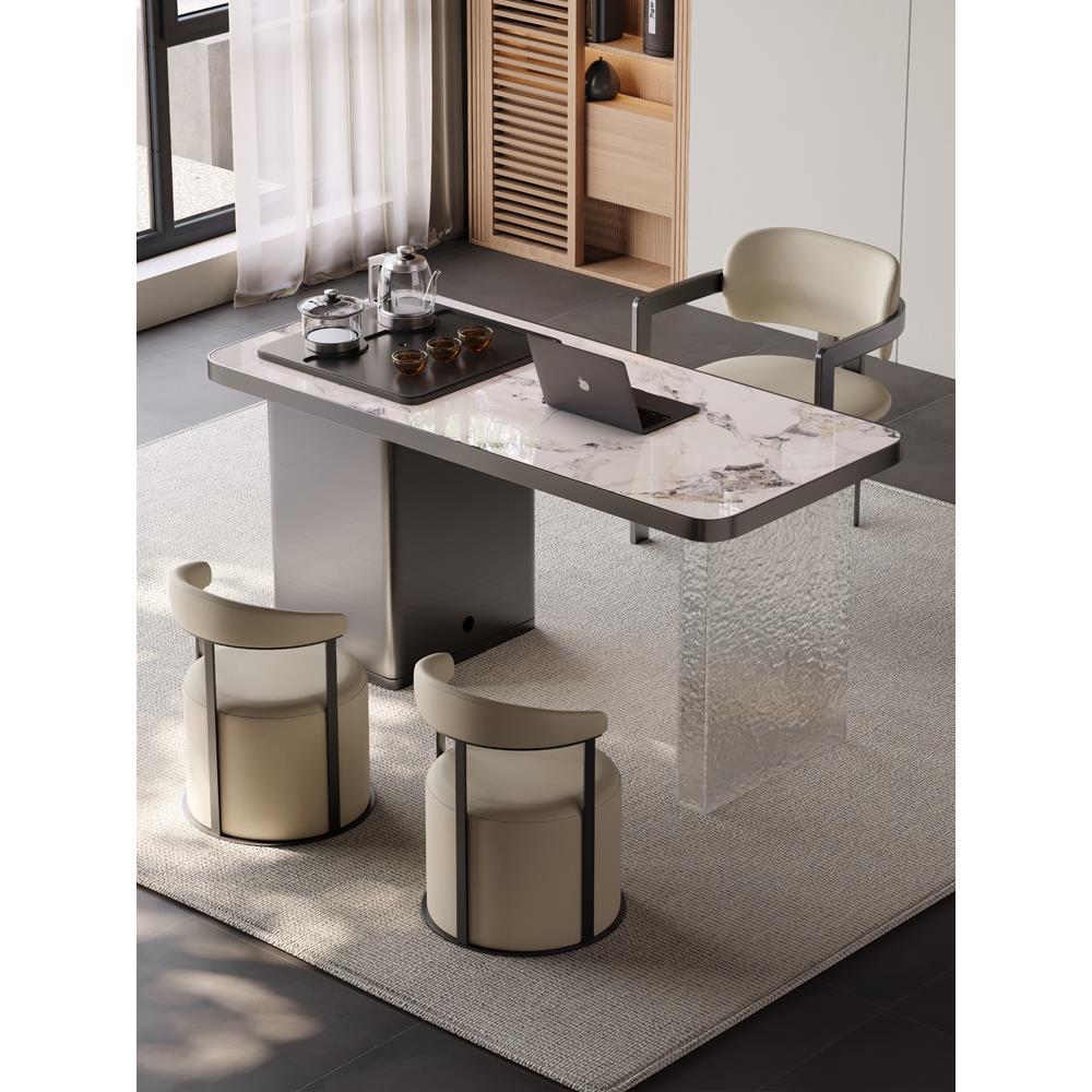 现代简约岩板茶桌椅组合轻奢不锈钢阳台烧水壶一体家用办公小茶台