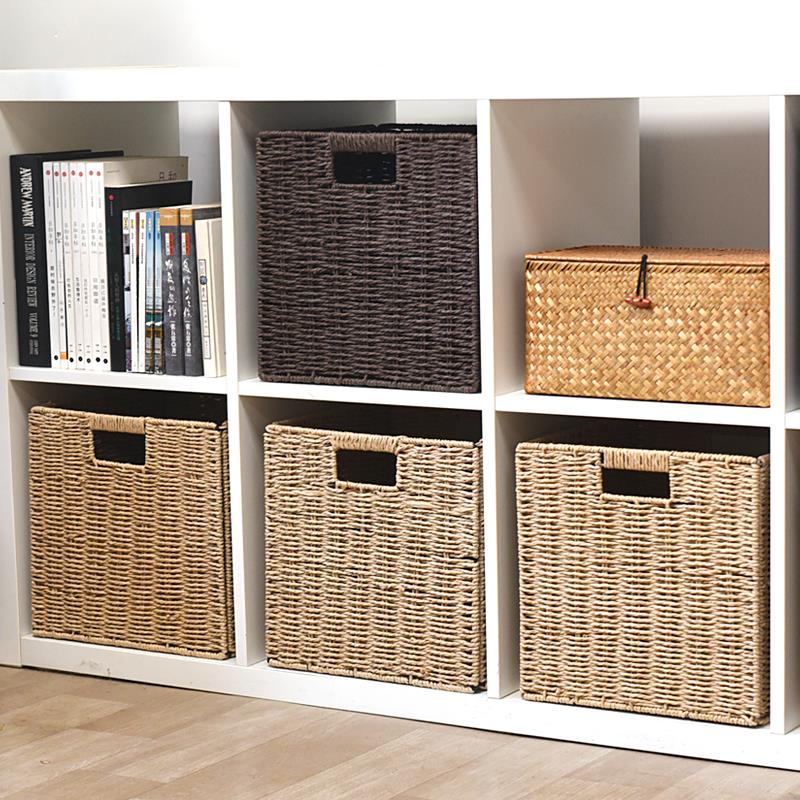 草编正方收纳筐收纳篮置物箱格子藤编收纳箱折叠收纳框方形储物箱