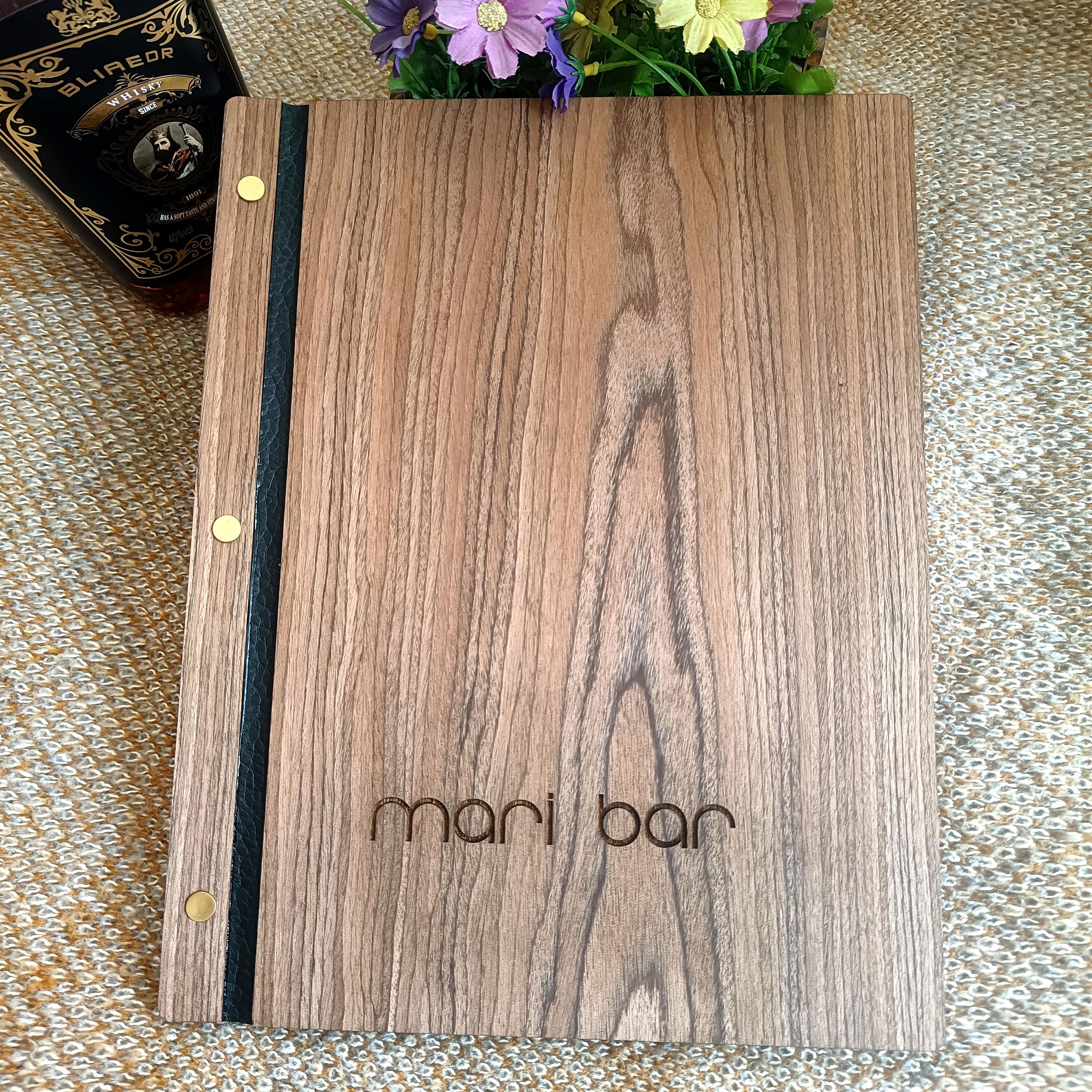 复古胡桃实木合板餐牌菜单本活页防水雕刻定做餐厅酒吧咖啡馆西餐