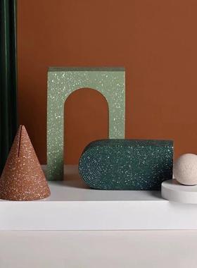 进口水磨石麻点几何圆锥形拱门摆件简约莫兰迪色客厅玄关书挡装饰