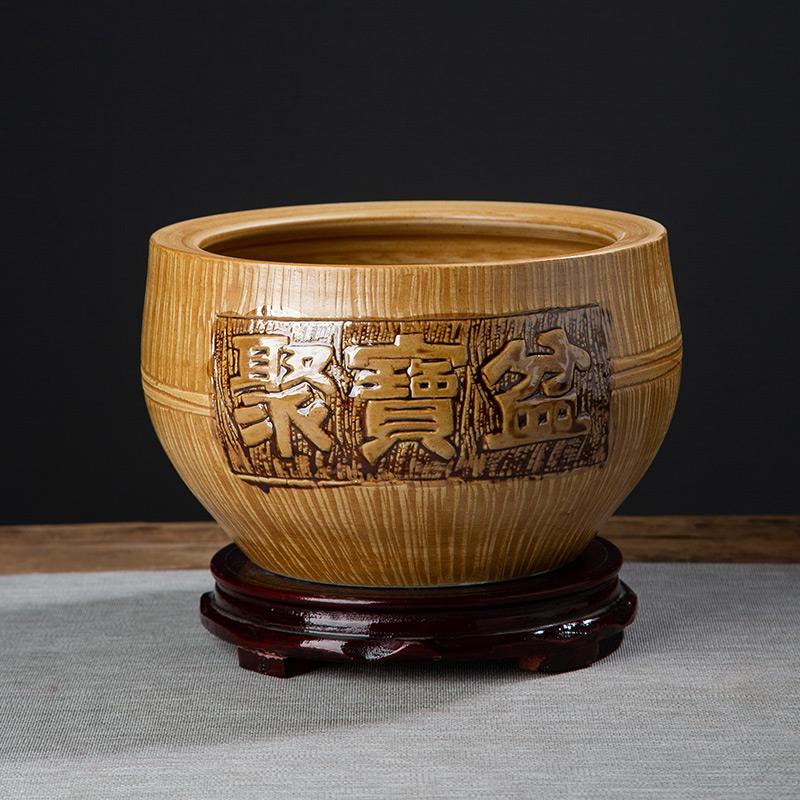 黄色陶土景德镇陶瓷聚宝盆客厅玄关装饰品仿木纹招财聚财乔迁摆件