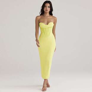 2024年新款 clothes 热销纯色抹胸鱼骨后开叉紧身性感连衣裙women