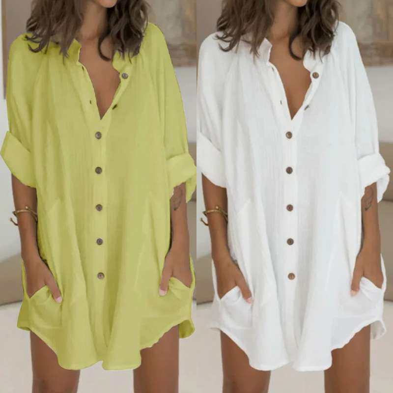 2024装欧美女装棉麻排扣中长款短袖宽松衬衣女女装women clothes