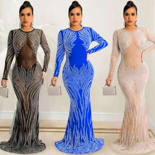 2024X5606夜店风性感烫钻网纱透视长袖 clothes 长裙连衣裙女women