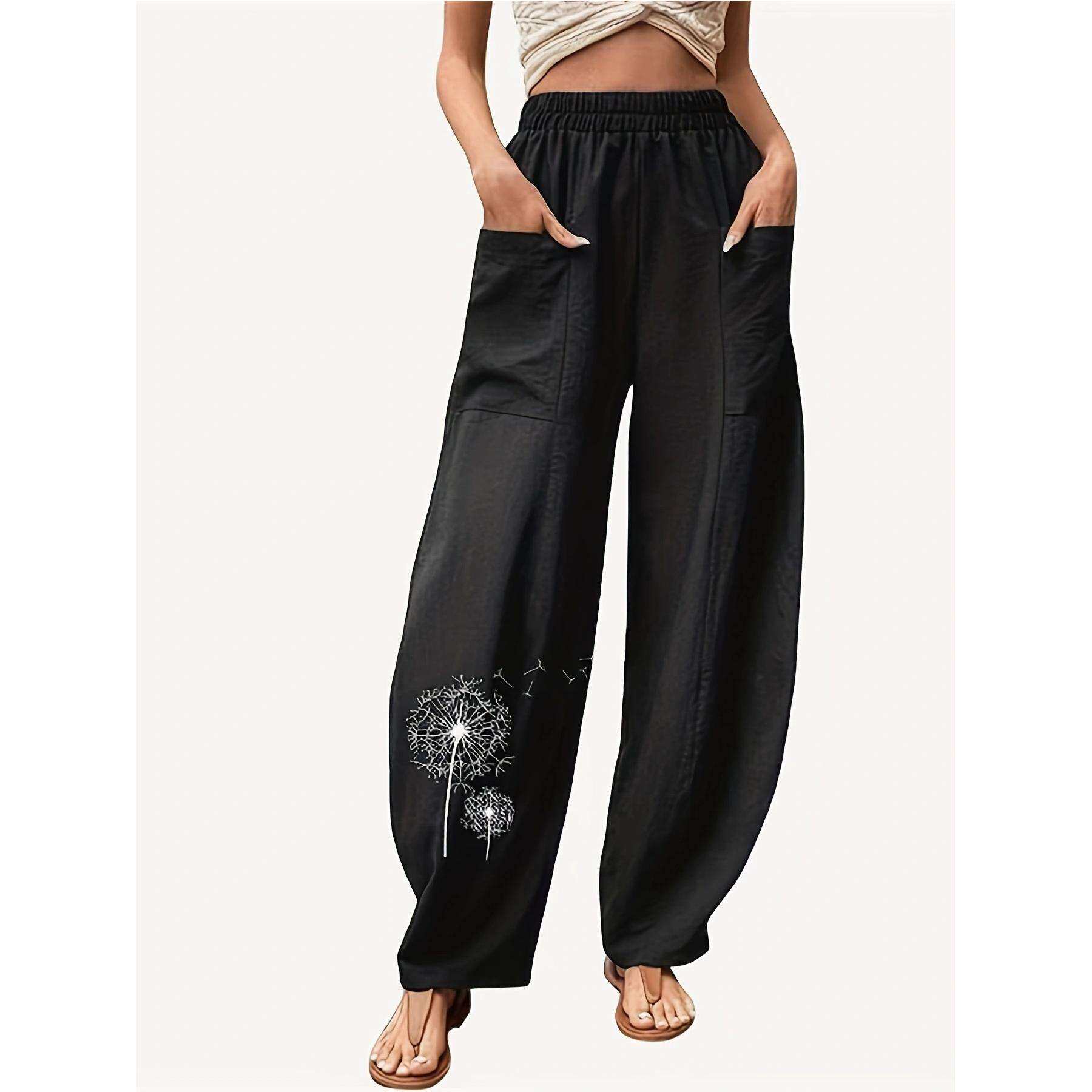 2024女装裤子印花口袋女式休闲裤松紧裤长裤外穿women clothes