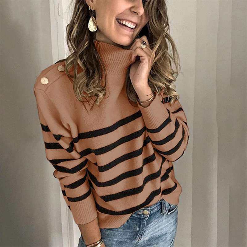 2024款wish新款针织衫高领套头肩带钉扣条纹毛衣女women clothes