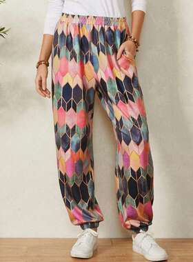 2024高腰红色宽松阔腿裤撞色复古几何印花休闲裤女women clothes