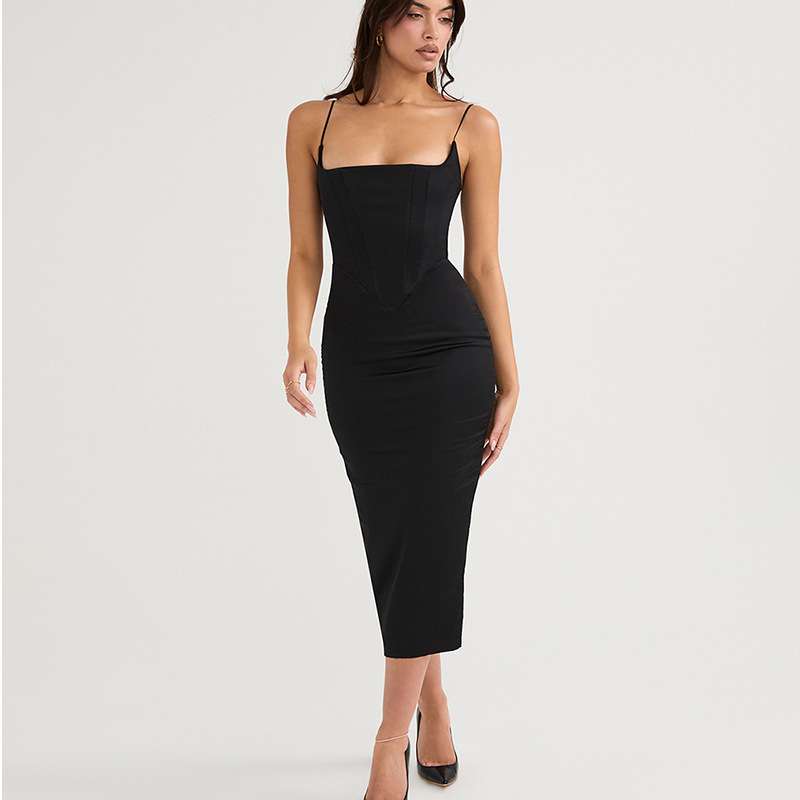 2024性感纯色方领无袖露背吊带开叉露背包臀连衣裙women clothes