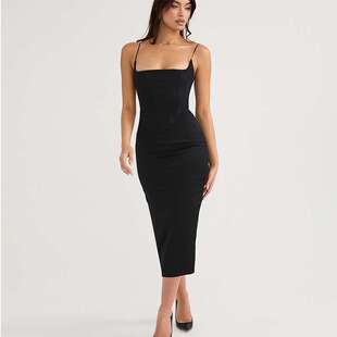2024性感纯色方领无袖 clothes 露背吊带开叉露背包臀连衣裙women