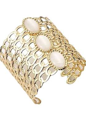 欧美夸张个性几何手饰时尚猫眼石镶嵌手镯开口大手环现货