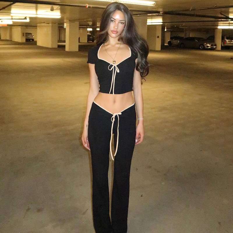 2024款女装时尚短袖方领T恤修身低腰微喇长裤套装女women clothes