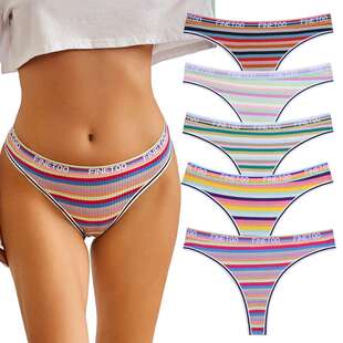 FINETOO女士内裤士低腰彩虹螺纹内裤棉彩色条纹丁字裤