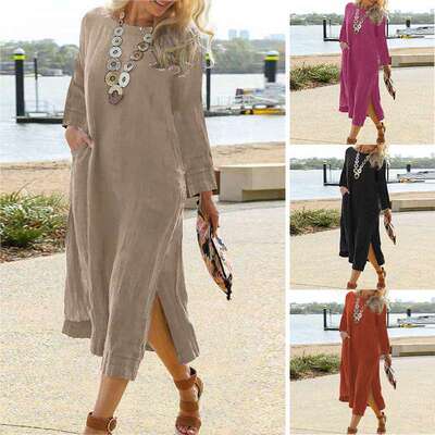 2024y欧美休闲复古长款衬衫连衣裙长袖下摆开叉长裙women clothes