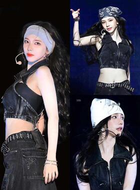 2024新款柳智敏同款up打歌服辣妹牛仔黑色潮流露背马甲美式高阶