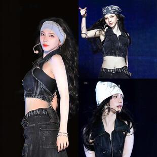 2024新款柳智敏同款up打歌服辣妹牛仔黑色潮流露背马甲美式高阶