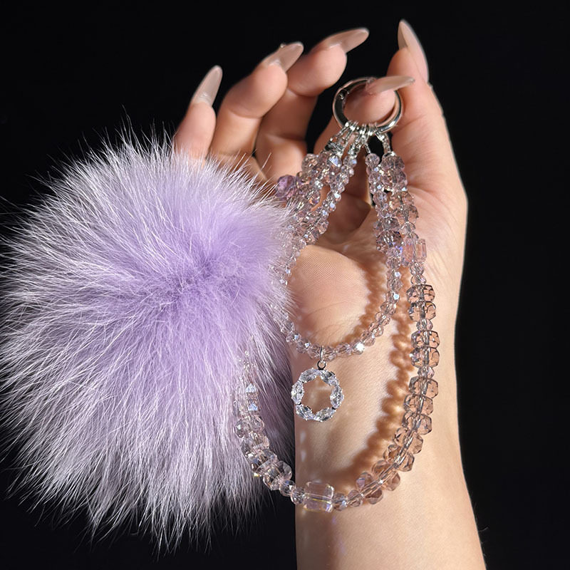 秋冬紫色狐狸毛球水晶冰透串珠挂件手机链水钻花结挂饰钥匙扣饰,节庆用品/礼品,手机链,淘宝优惠券,粉丝福利购,淘宝优惠卷