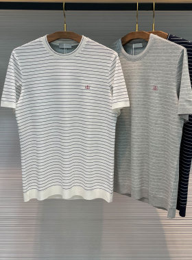 老钱风小塔刺绣条纹圆领短袖tee