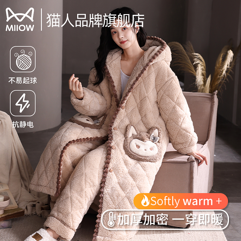 猫人睡衣女士冬季珊瑚绒三层夹棉加厚加绒保暖法兰绒长款卡通睡袍