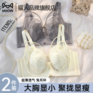 猫人兔耳杯内衣女夏薄款 大胸显小性感蕾丝聚拢防下垂收副乳文胸罩