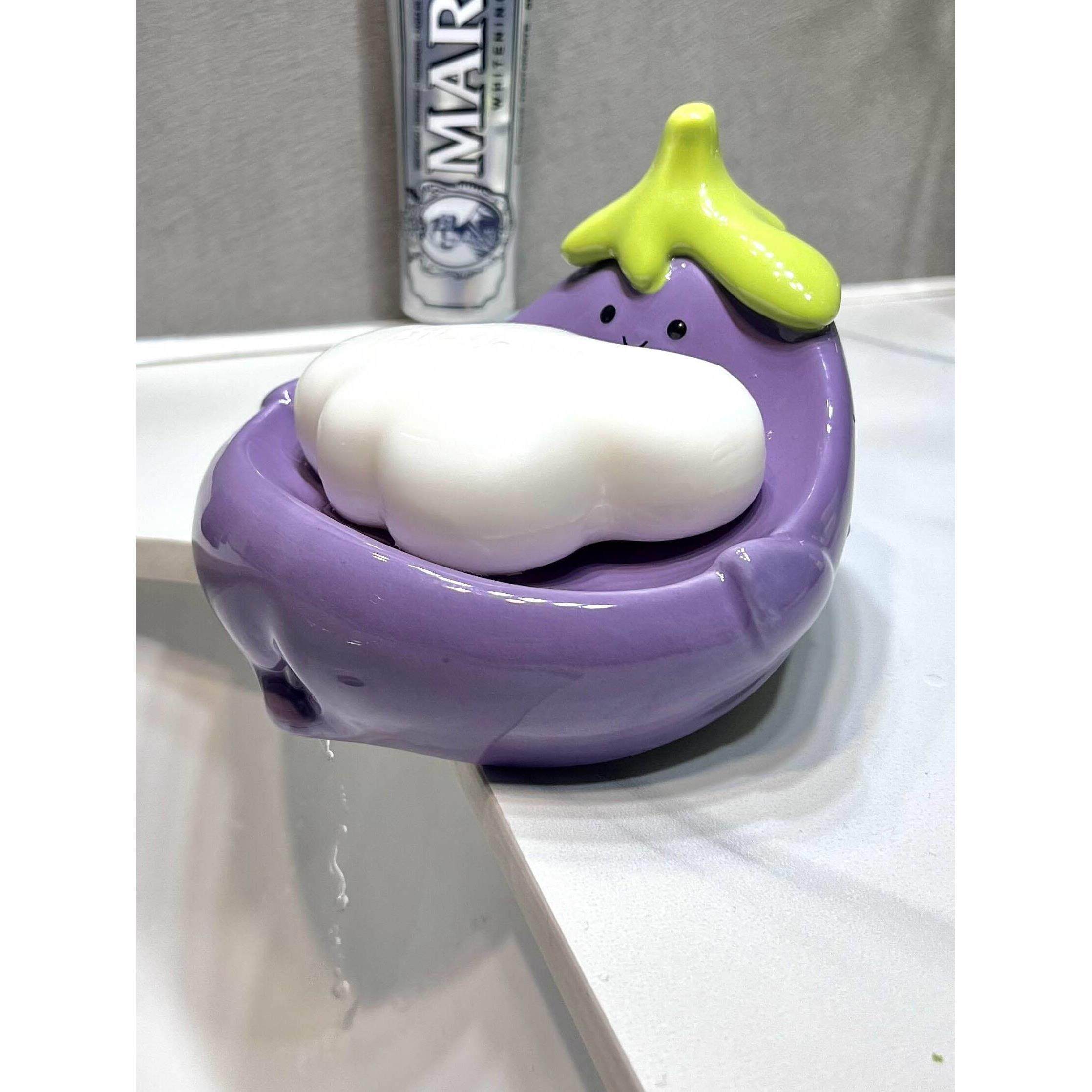 网红茄子肥皂盒卫生间洗漱台香皂盒可沥水不积水陶瓷皂碟收纳盒子