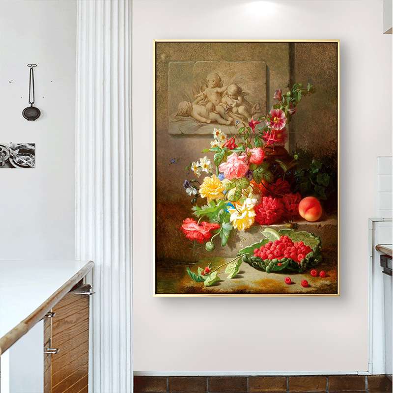 玄关喷绘油画竖版欧式壁画客厅走廊过道挂画美式玄幻装饰画花卉图片