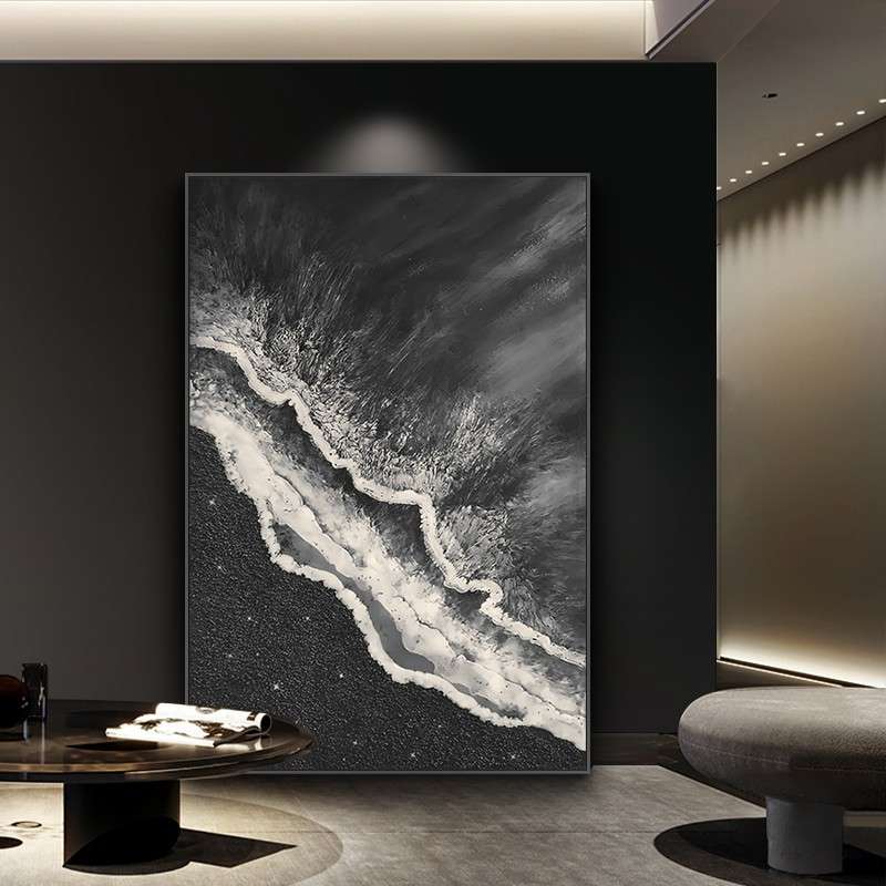 侘寂风客厅装饰画肌理沙发背景墙画黑白灰简约玄关挂画大幅落地画