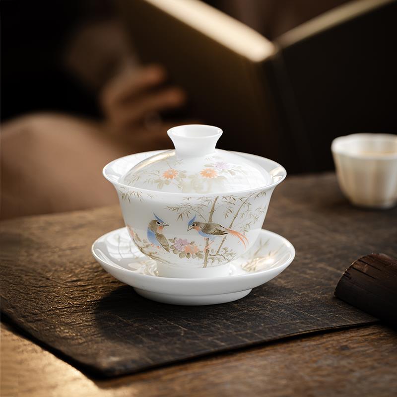 德化纯手绘冰种玉瓷三才盖碗单个花鸟茶杯陶瓷泡茶碗高档功夫茶具