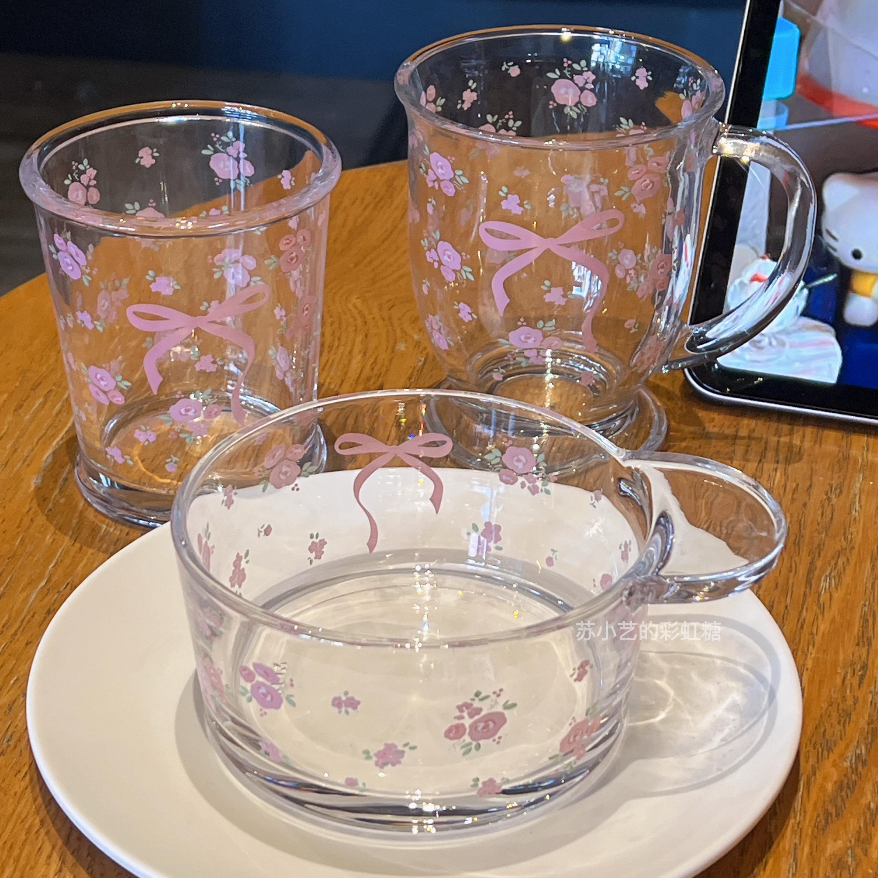 碎花蝴蝶结玻璃碗单柄碗玻璃杯子水杯咖啡水杯一人食礼物餐具套组