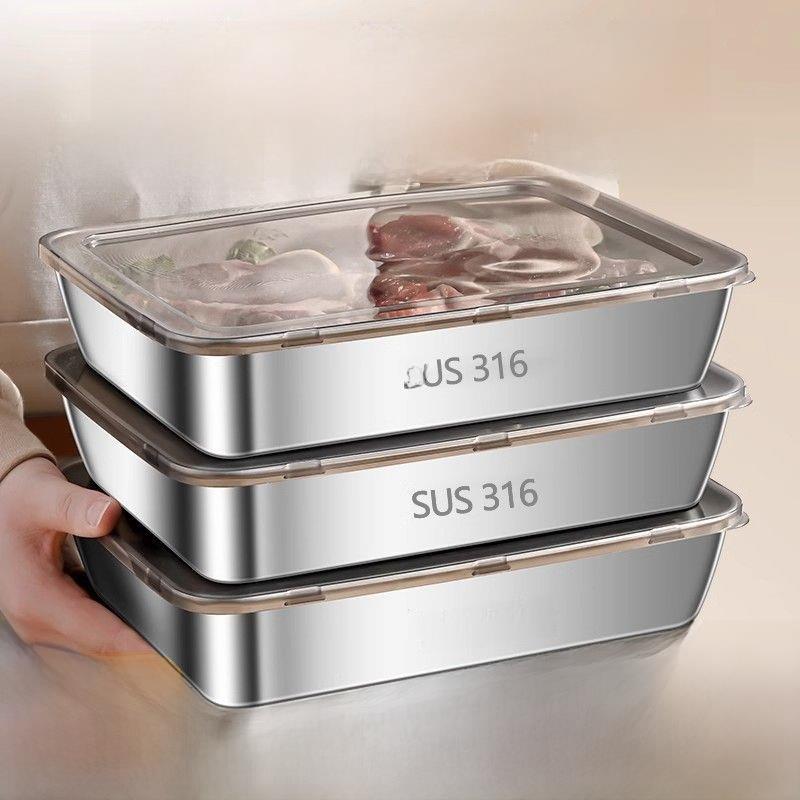 316不锈钢保鲜盒带盖方盘冰箱收纳盒野餐盒饺子长方形食品级密封