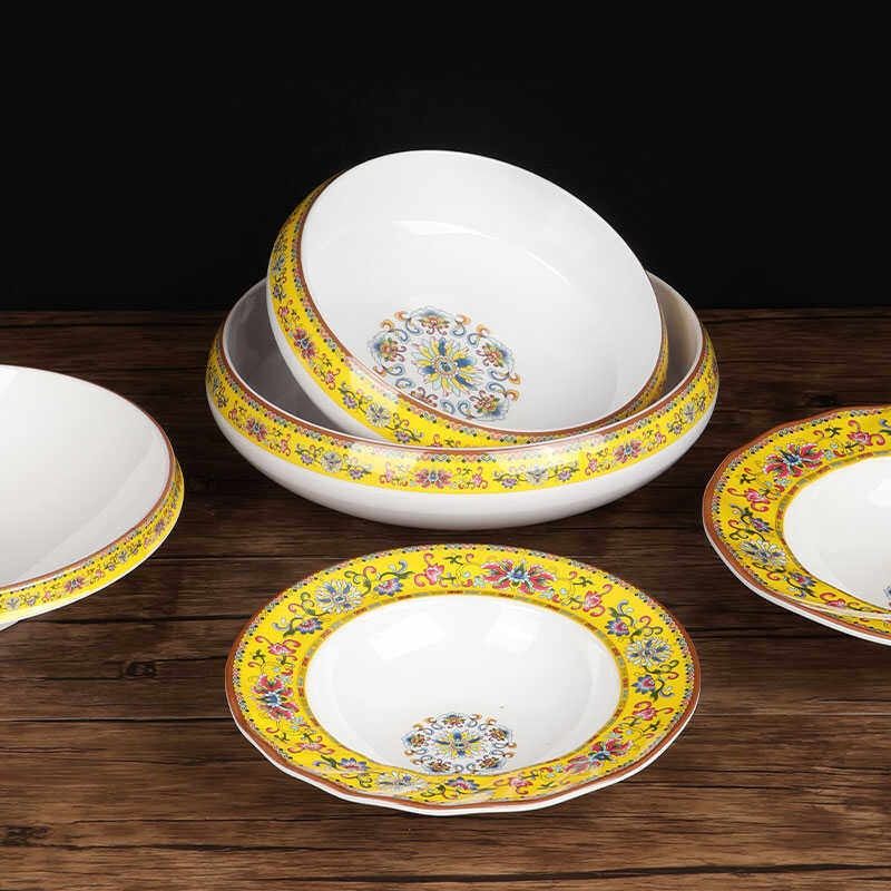 密胺黄珐琅彩系列餐具热菜凉菜盘汤盆鱼盘沥水饺子盘餐厅酒店商用,餐饮具,盘,淘宝优惠券,粉丝福利购,淘宝优惠卷
