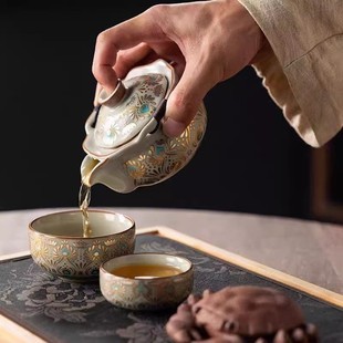 故宫汝窑旅行茶具一壶两杯便携式手抓壶家用泡功夫茶具高档户外用