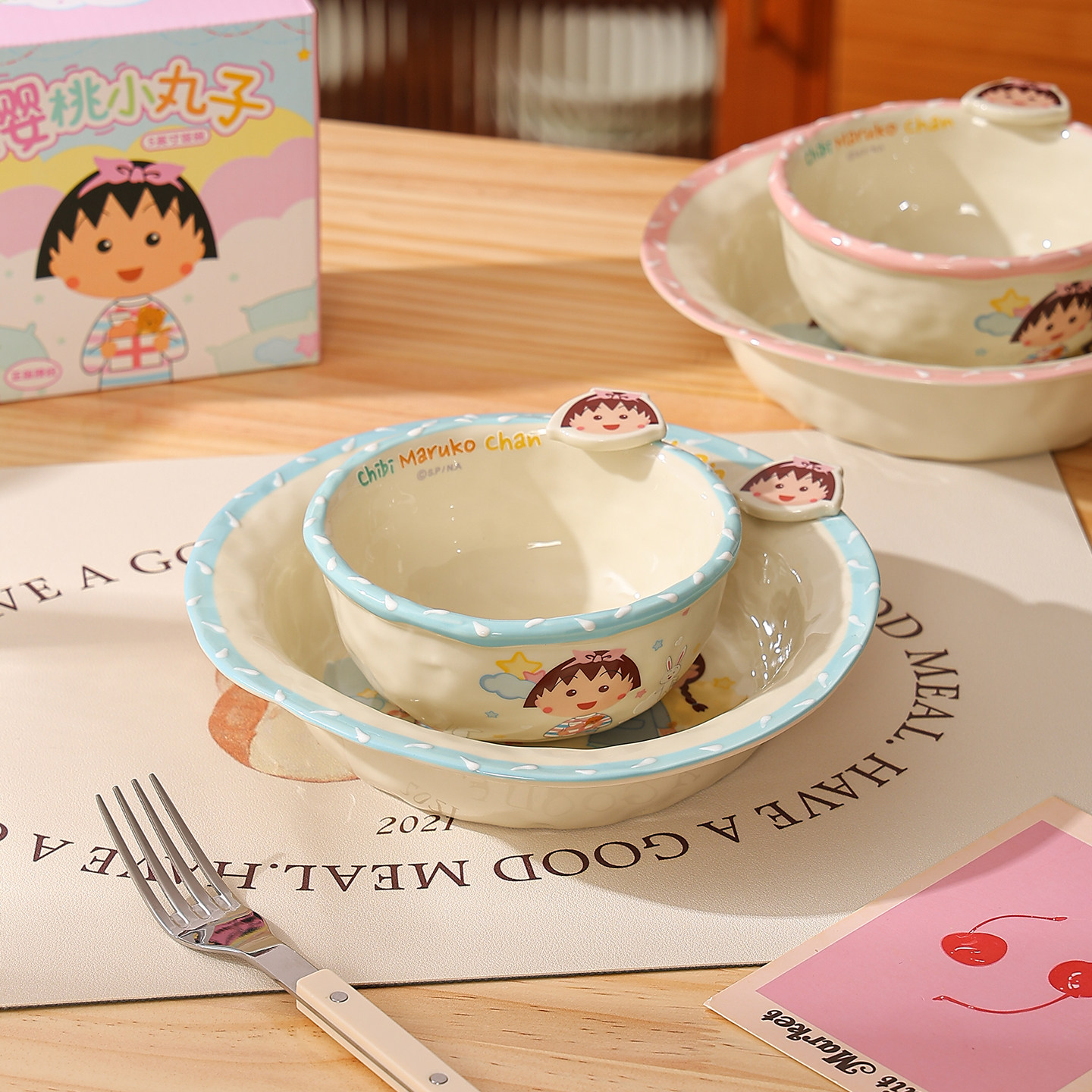 甜欧尼樱桃小丸子陶瓷餐具家用菜盘草帽盘子米饭碗面碗水果沙拉碗