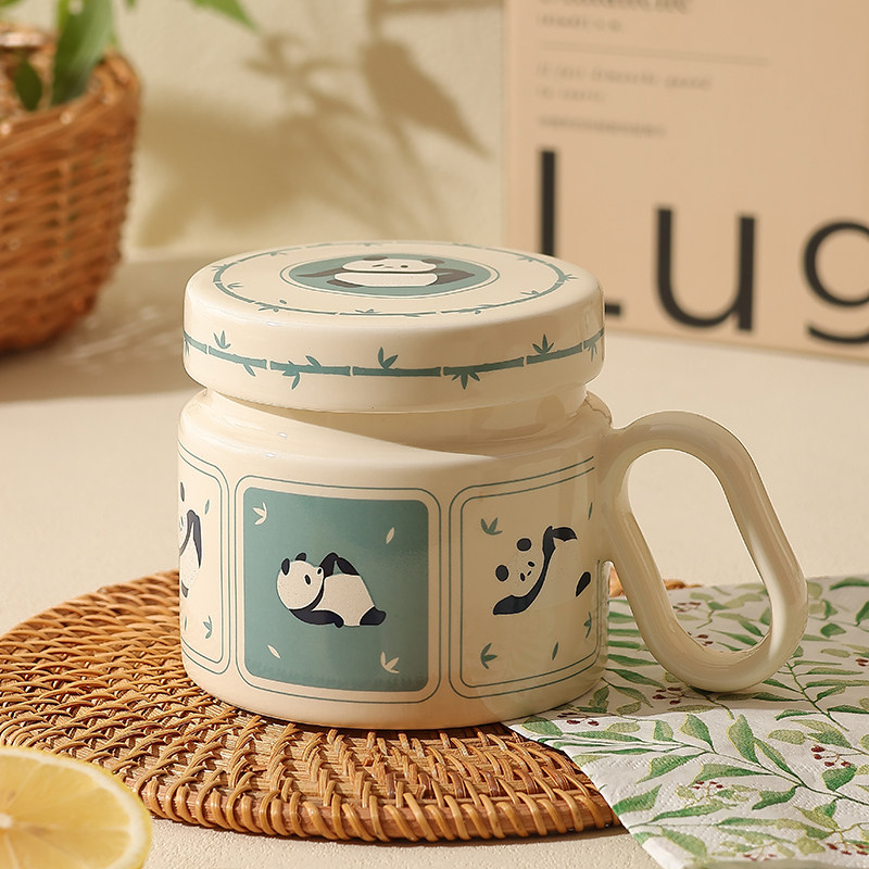 马克杯陶瓷精致好看的杯子带盖茶杯高档精致高颜值熊猫水杯情侣杯