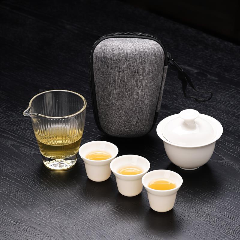 德化白瓷便携式旅行茶具套装户外玻璃快客杯盖碗一壶三杯logo定制